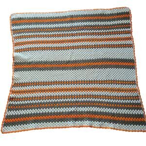 Handmade Crochet Granny Stripe Throw Blanket Orange Gray Cream Retro Fall